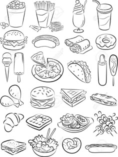 a bunch of food that is drawn in black and white