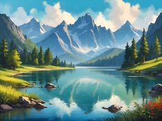 a painting of a mountain lake with mountains in the background