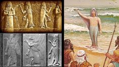 some ancient egyptian paintings and pictures of people on the beach by the water with waves