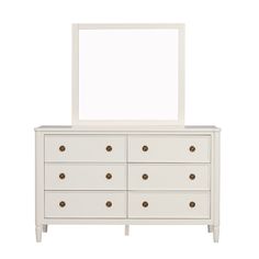 a white dresser with a mirror on the top and bottom drawer, against a white background