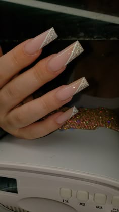 Gold Reflective Nails, French Tip And Glitter Nails, Glitter French Tips Coffin, Reflective French Tip Nails, Cute Neutral Nails Acrylic, Square Long Nails Acrylics, Reflective Nails Design, Gold French Tip Nails Coffin, Cute Long Acrylic Nails Coffin