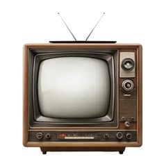 an old fashioned television set with no signal on it's display stand, isolated against a white background