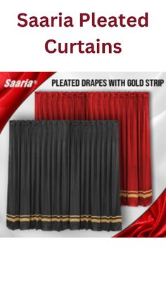 curtains with gold trims and pleated drapes in red, white and black