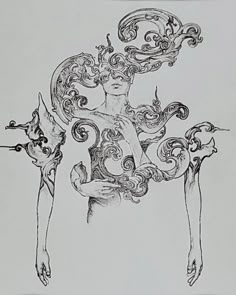 a drawing of a woman with long hair and an elaborate design on her body, holding two birds