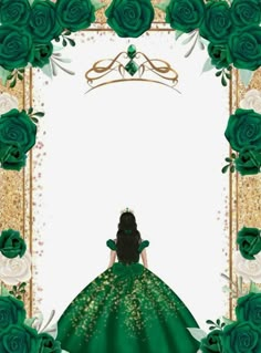 a woman in a green dress is surrounded by roses and gold trimmings on a white background