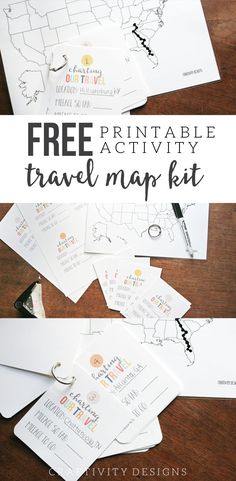 the free printable travel map kit for kids is shown with text overlaying it