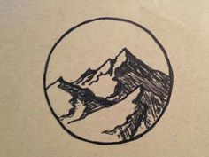 a black and white drawing of mountains in a circle