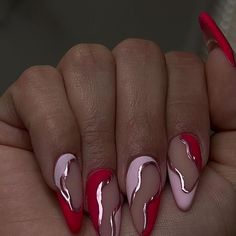 Red Chrome Design Nails, Red January Nails, Red Pink And Black Nails, Chrome Top Nails, Stiletto Nail Designs 2024, Pink Red Nail Designs, Isolated Chrome Design Nails, Monochrome Nail Designs, Red Valentine’s Day Nails