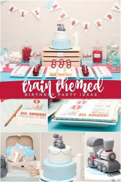 a train themed birthday party with blue and red decorations