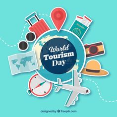 the world tourism day poster with travel items and map on blue background, flat lay style