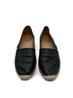 Gucci espadrilles in black leather with GG pattern.  Natural rope sole.  Condition details: Good. Slightly used soles. Missing thread in right sole. Size and Material: 38 IT  Composition: Leather and Cord Gucci Espadrilles, Womens Espadrilles Wedges, Gucci Monogram, Women's Espadrilles, Leather Espadrilles, Espadrilles Wedges, Sandal Espadrille, Women's Shoes Sandals, Espadrilles