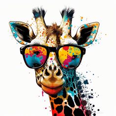 a giraffe with sunglasses on it's head and colorful paint splatters