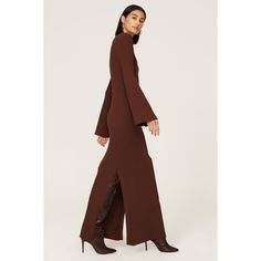 Brown rib knit (65% Rayon, 35% Nylon). Sweater sheath. Mock neck. Long sleeves. Pull-on. 54.5" from shoulder to hemline. Imported. Ribbed Sweater Dress, Rent The Runway, Closet Designs, Ribbed Sweater, Mock Neck, Duster Coat, Rib Knit, Sweater Dress, Midi Dress