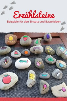 some rocks with different designs on them and the words erfahlosteine written in german