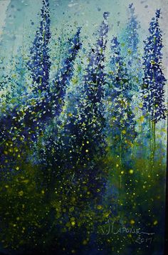 a painting of blue and yellow flowers on a green field with rain drops falling from the sky