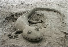 a sand sculpture of a gecko laying in the sand with its head turned to look like it's smiling