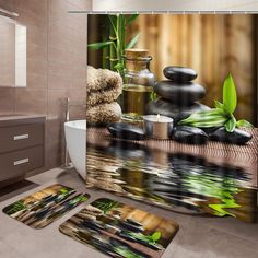 the bathroom is decorated with bamboo, rocks and other decorative items in it's decor