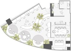 an aerial view of a living room, dining area and kitchen with trees on the floor