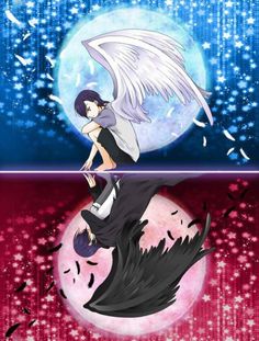 two anime characters one with wings and the other with an angel on her back, in front of a full moon