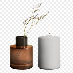 two vases with flowers in them sitting next to each other on a transparent background