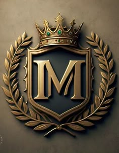 a gold emblem with the letter m and a crown above it on a gray background