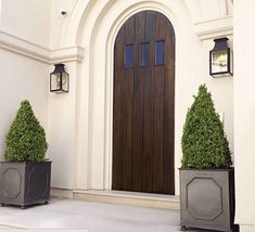 two potted plants sitting in front of a brown door on a white building with an arched doorway