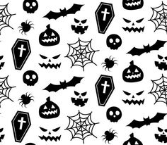 black and white halloween themed wallpaper with pumpkins, bats, skulls and crosses