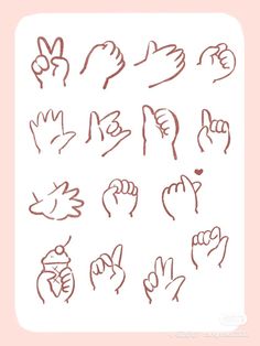 various hand gestures drawn in red ink on a white paper with a pink border around them