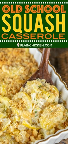 an old school squash casserole in a white dish with a wooden spoon