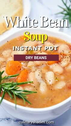 white bean soup in a bowl with bread and rosemary garnish on the side