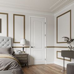 A white two-panel arched top interior door in a classic bedroom with white walls and gold wainscoting Roman Interior