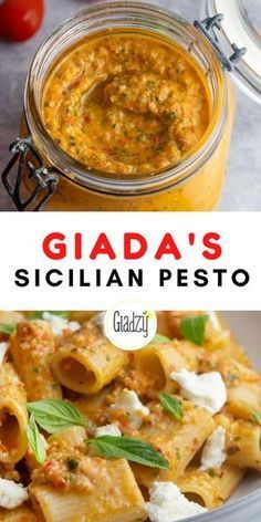 the cover of giada's sicilian pesto with pasta and sauce in a glass jar