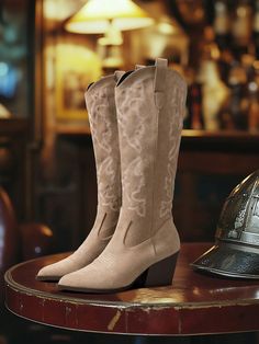 New Embroidered Western Pointed Toe Chunky Heel Riding Boots, Suede Tall Boots For Women Khaki         Women Shoes, size features are:Bust: ,Length: ,Sleeve Length: Girly Cowgirl Boots, Suede Tall Boots, Western Boots Women, Boots Suede, Pinterest Closet, Boots For Women, Outdoor Shoes, Outdoor Woman, Tall Boots