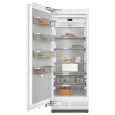 an open refrigerator with its door wide open and food in the bottom drawer, on a white background