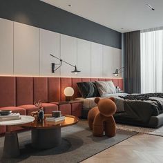 a bed room with a neatly made bed and a teddy bear