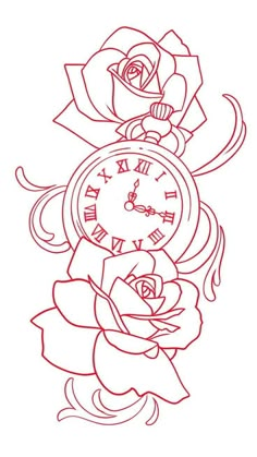 a drawing of a clock with roses on it