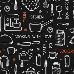 a black and white pattern with kitchen related items in orange on the bottom right corner