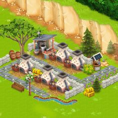 an image of a farm with lots of animals in the yard and trees around it