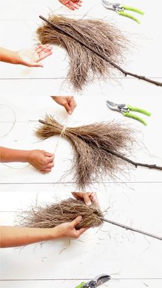 several different types of scissors are being used to make fake grass flowers and branches for this diy project