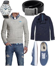 "Blue Classy Casual" maybe without the ripped jeans and giant logo on the sweater, and nicer shoes. Deck Shoes, Teenage Fashion, Mode Casual, Outfit Trends, Classy Casual, Gentleman Style, Men Looks