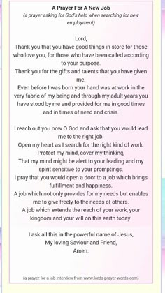 a prayer for a new job is shown in pink and blue with the words, thank you