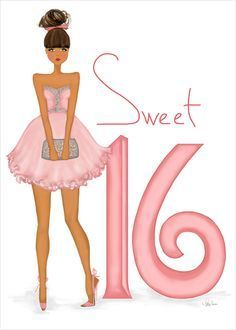 a girl in a pink dress standing next to the number sixteen