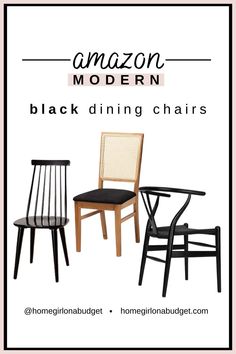 two chairs with the words amazon modern black dining chairs in front of them and an image of