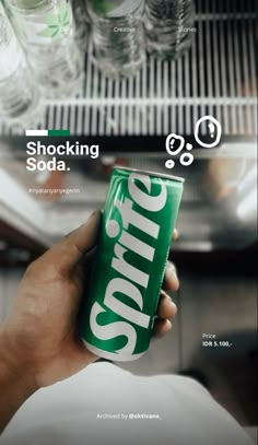 a hand holding a can of soda in front of an open refrigerator with the caption shocking soda