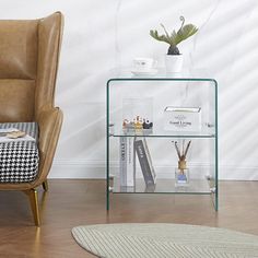 a brown chair sitting next to a glass shelf with books on it and a potted plant