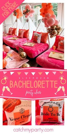 pink couches and balloons are featured in this ad for bachelorette party ideas on catchmypary com