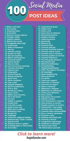 a purple and blue poster with the words 100 social media post ideas in red on it