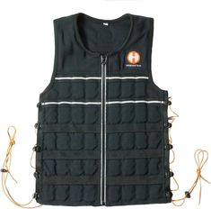 a black vest with an orange and white logo on the front, sitting against a white background