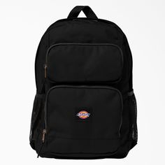 Our double pocket backpack is designed to keep your essentials secure and organized. The backpack features a large main compartment with padded internal laptop sleeve, two front zip pockets, a fully padded back panel, and two water bottle pockets. It has several pocket slots in various sizes on the interior for your pencils, phone, wallet, and other essentials. Black Dickies Backpack, Dickies Mini Backpack, Cheap Trendy Black Flap Bag, Black Functional Backpack For Back To School, Black Backpack With Functional Pockets For Back To School, Black Functional Backpack With Pockets For Back To School, Functional Backpack With Side Pockets For School, Back To School Functional Backpack With Side Pockets, Streetwear Backpack With Functional Pockets