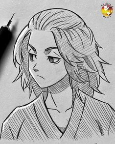 a drawing of an anime character with long hair and big eyes, in black ink